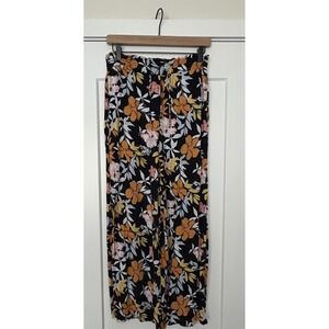 Roxy Tropical Vacation Boho Floral Wide Leg Pants Black Orange Smocked Waist M